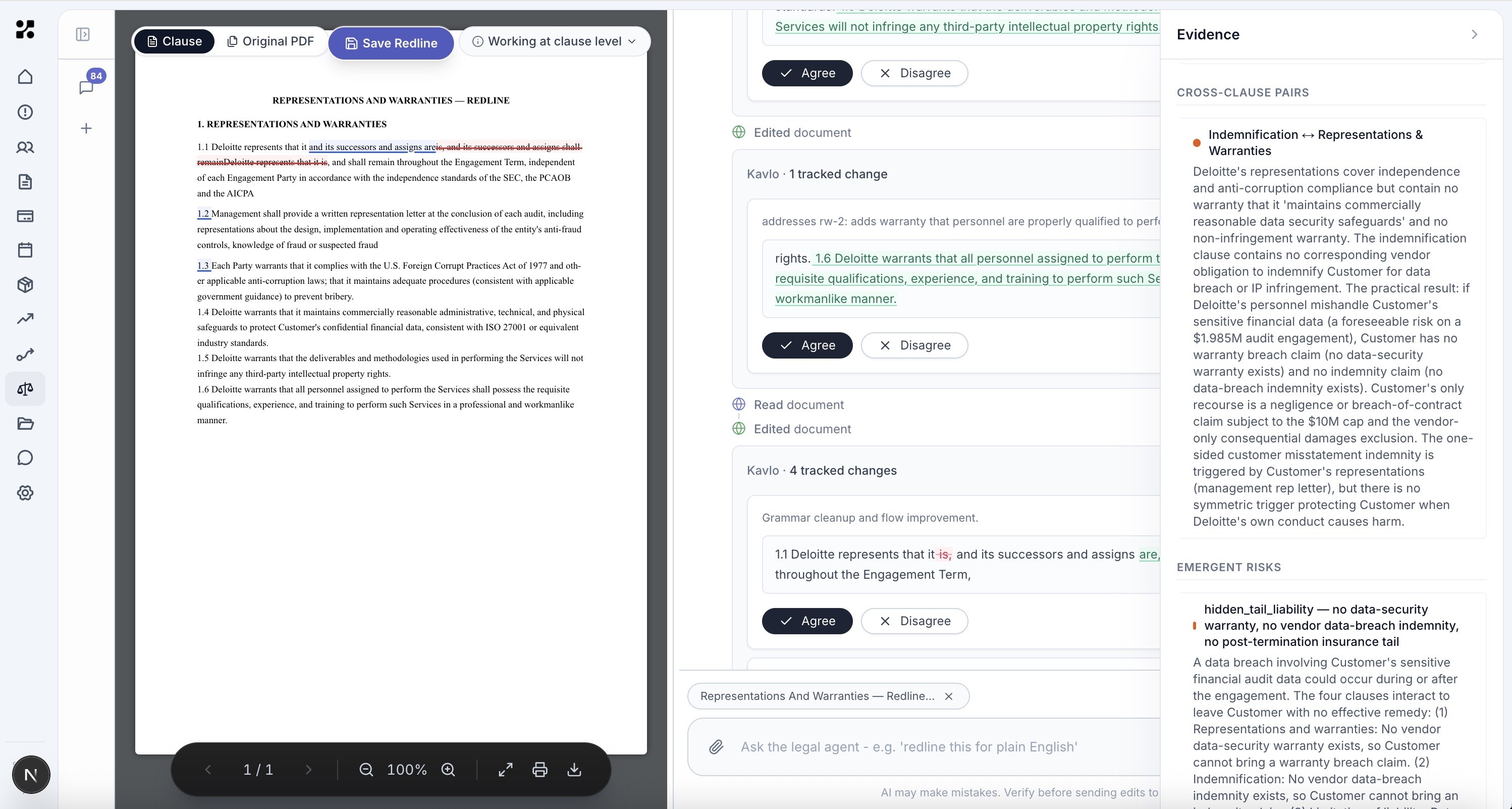 Kavlo reasoning engine — cross-clause pairs and emergent risks